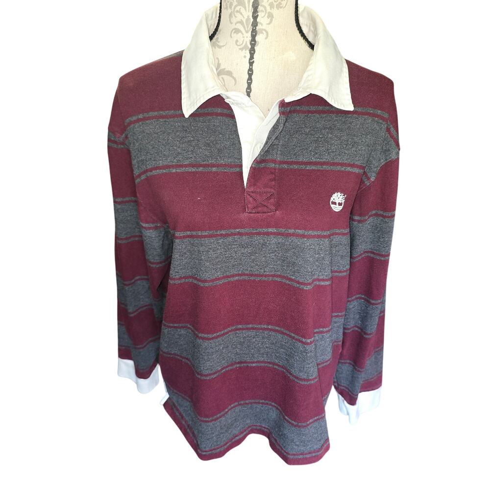 Y2k Grunge Skater Timberland Striped Long Sleeve Polo Shirt Red Gray Size Large